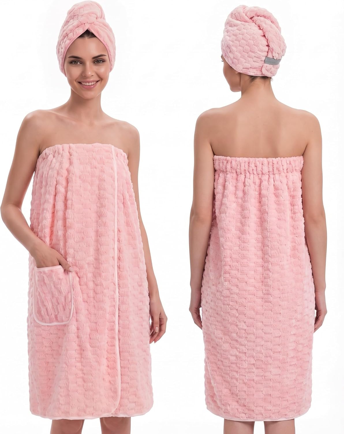 Gilprop Women's Towel Wrap with Large Hair Towel, Adjustable Button Closure Spa Shower Robe, Quick Dry Absorbent Microfiber Bathrobe, Pink Body and Hair Wraps Set for Home Hotel Pool Travel Beach