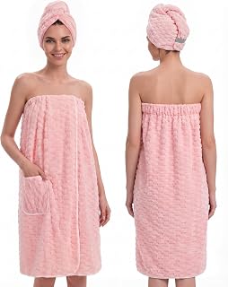 Gilprop Women's Towel Wrap with Large Hair Towel, Adjustable Button Closure Spa Shower Robe, Quick Dry Absorbent Microfiber Bathrobe, Pink Body and Hair Wraps Set for Home Hotel Pool Travel Beach