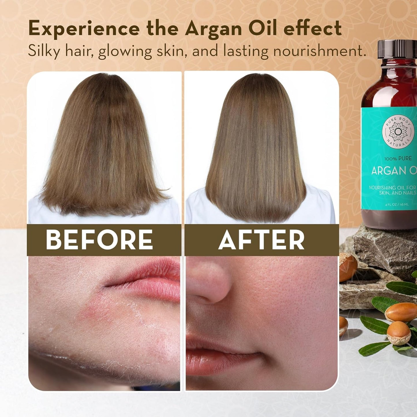 Pure Body Naturals Argan Oil for Skin and Face - 4 fl oz Cold Pressed, Light, Non-Greasy, Nourishing Pure Argan Oil for Hair - Aceite de Argan