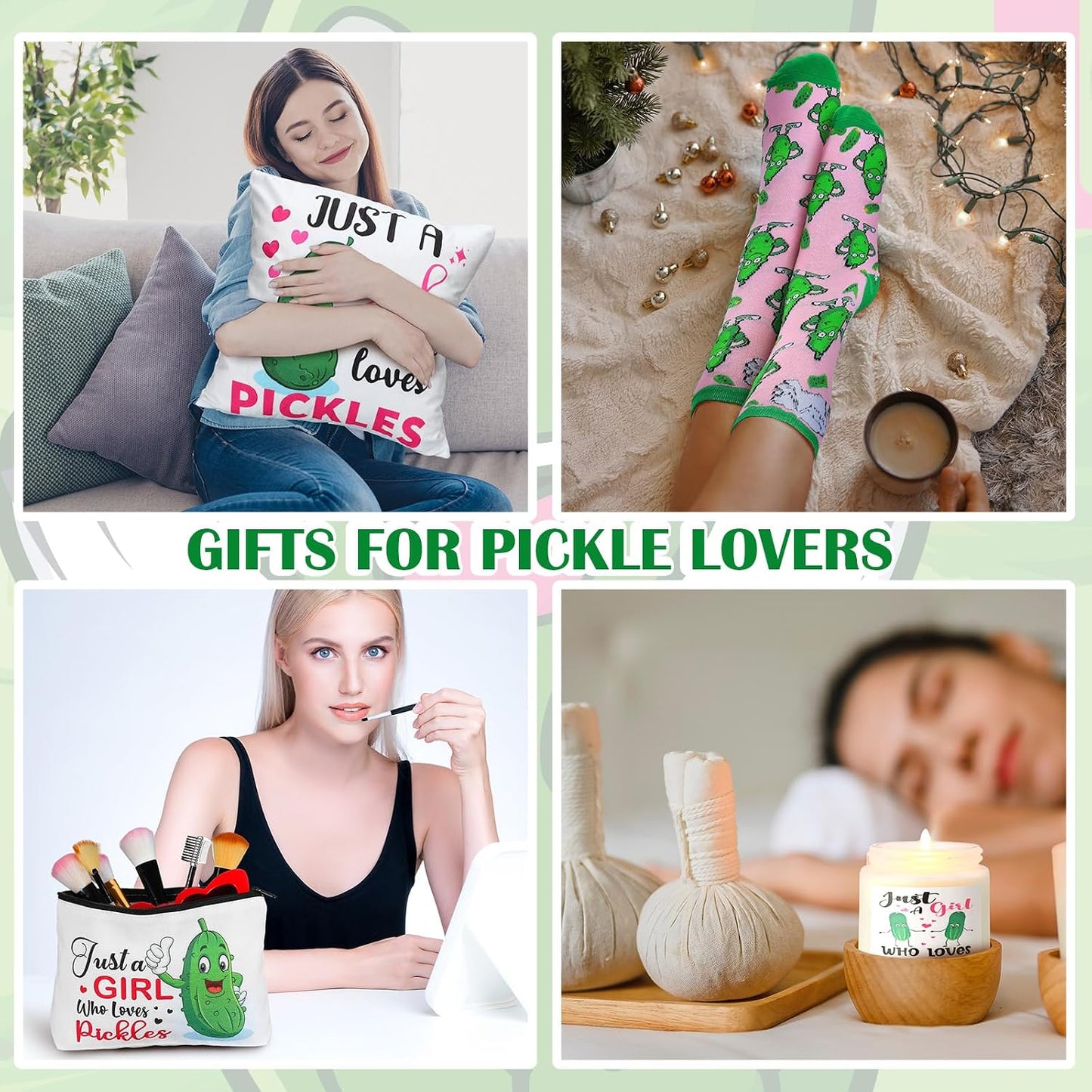 Buryeah 9 Pcs Funny Pickle Gifts for Pickle Lovers Gifts Set for Women Include 60 x 50'' Blanket Mug Makeup Bag Tote Bag Pillowcase Socks Keychain Candle Card for Employee