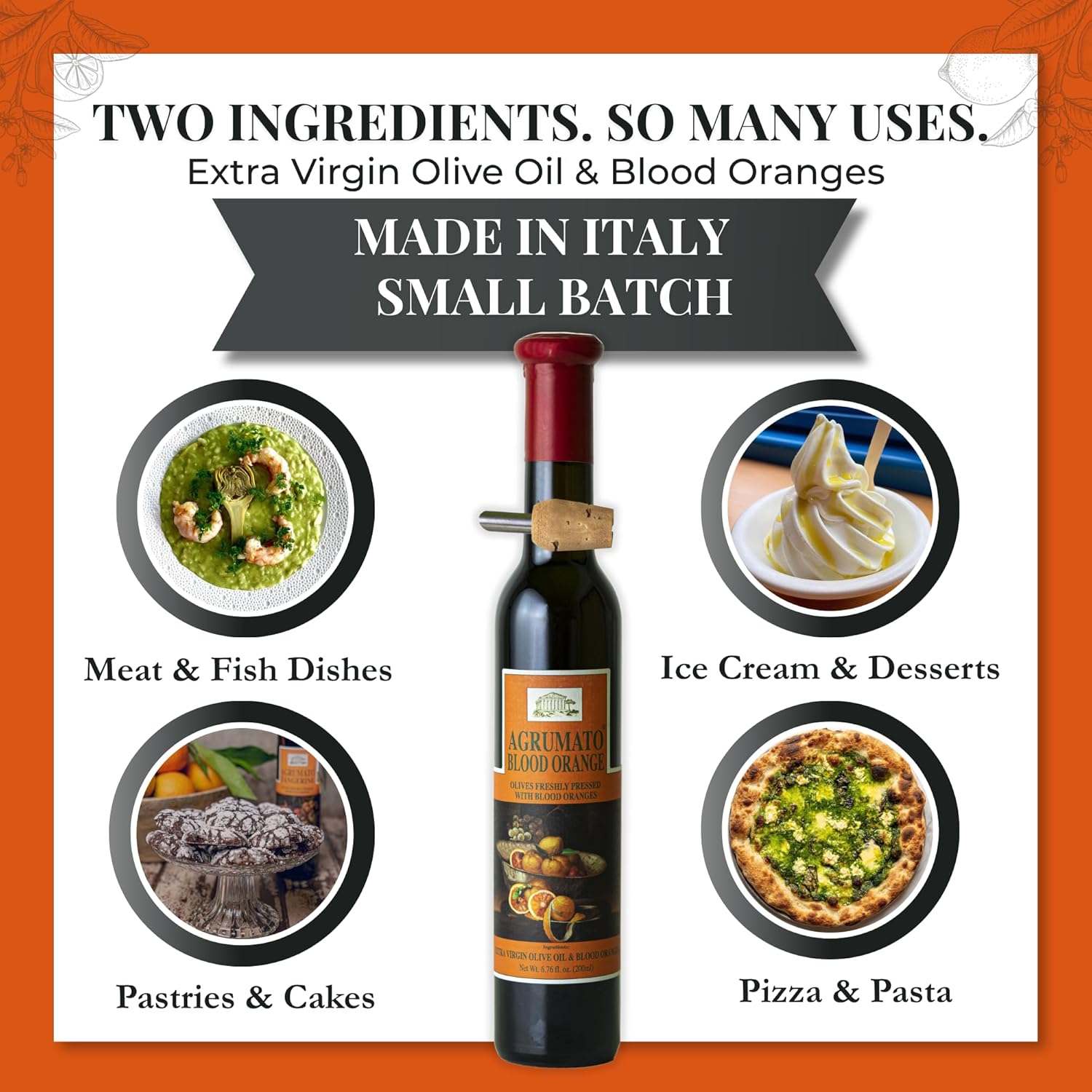 Agrumato Blood Orange Olive Oil, Cold Pressed Italian Extra Virgin with Fresh Citrus Peel, Small Batch Gourmet Finishing Oil for Salads Seafood Pasta Cooking, 6.76 Fl Oz