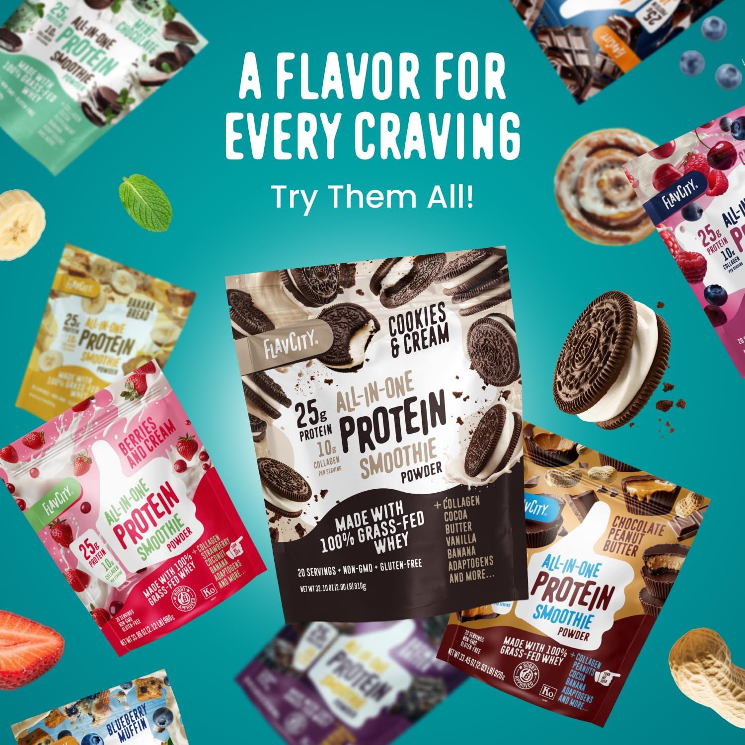 FlavCity All in One Protein Shake Powder, Cinnamon Roll - On the Go Meal Alternative + Collagen Peptides, Reishi & Cordyceps - Focus, Skin, Hair & Joint Support - 100% Grass Fed Whey, 20 Servings