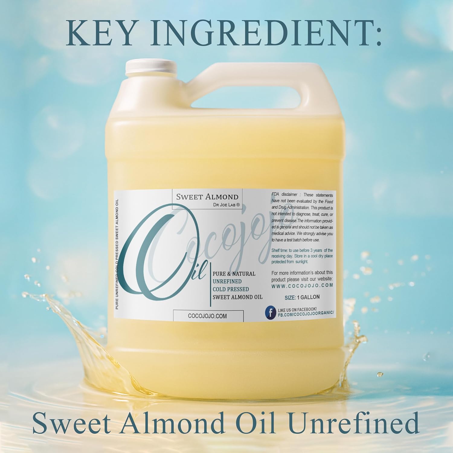 Sweet Almond Oil 1 Gallon 100% Pure Natural Cold Pressed Unrefined Extra Virgin 128 fl oz - for Hair Skin Body Nail and Beard Carrier Oil for Essential Oils - Moisturizing, Hydrating, & Nourishing