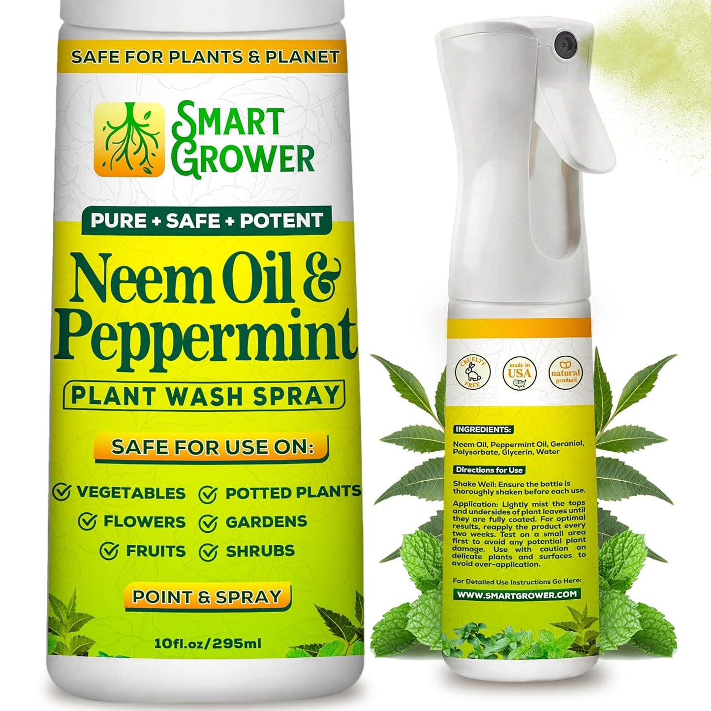 Neem Oil Spray for Plants with Peppermint Oil, Natural Plant Wash Made for Indoor and Outdoor Plants Smart Grower 10oz Easy Ready-to-Use Fine-Mist Refillable Premium Sprayer