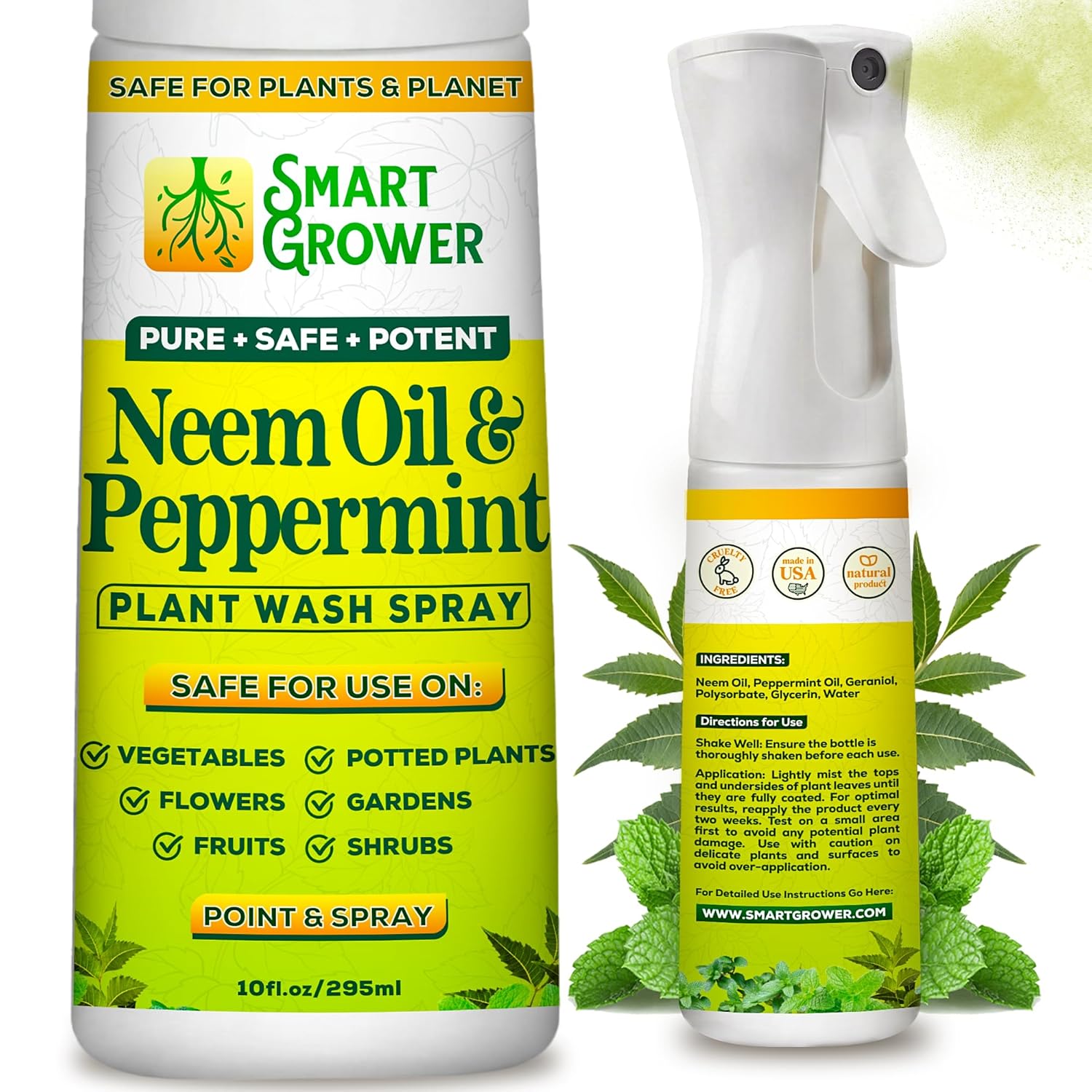 Neem Oil Spray for Plants with Peppermint Oil, Natural Plant Wash Made for Indoor and Outdoor Plants Smart Grower 10oz Easy Ready-to-Use Fine-Mist Refillable Premium Sprayer