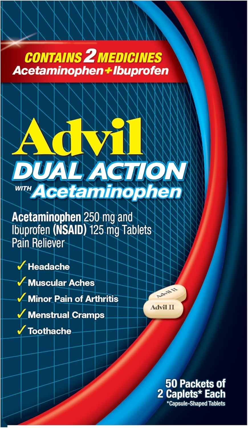 Advil Dual Action Coated Caplets with Acetaminophen, 250 Mg Ibuprofen and 500 Mg Acetaminophen Per Dose (2 Dose Equivalent) for 8 Hour Pain Relief - 2 Count x 50