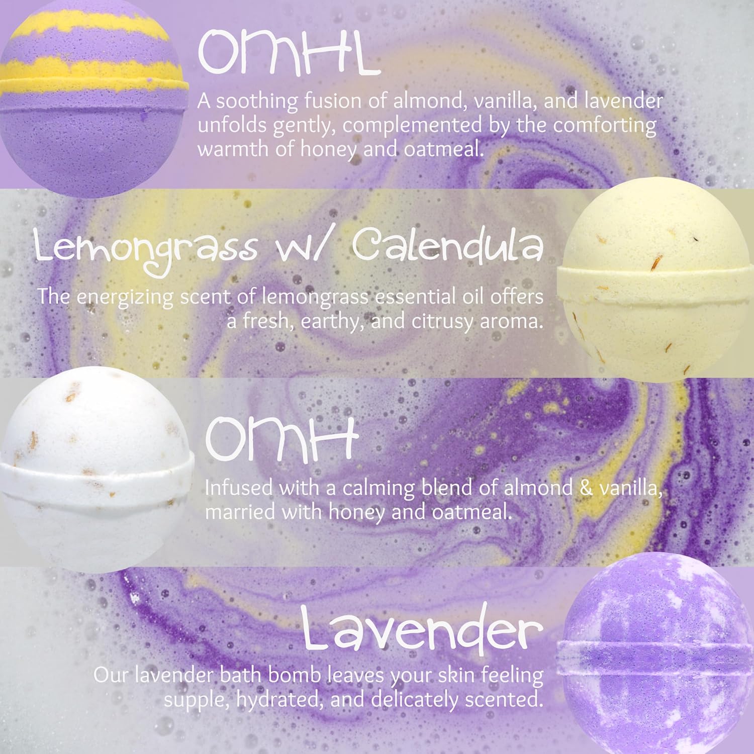 The Soap Lady Relaxation Bath Bombs - Lavender, Oatmeal Milk Honey & Lavender, Lemongrass with Calendula, and Oatmeal Milk & Honey - 4 Pack