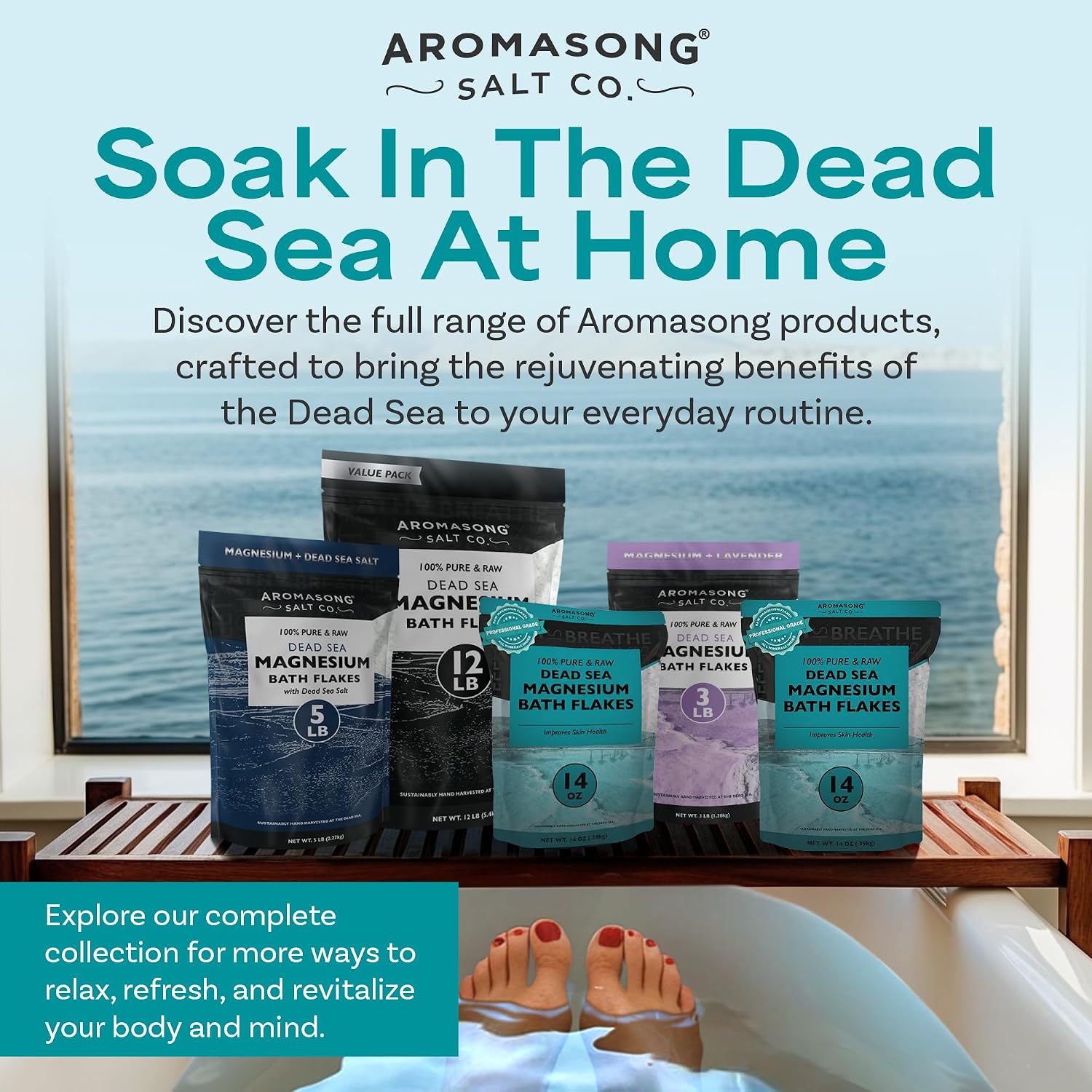 Aromasong Dead Sea Magnesium Flakes for Bath - 16,325 Mg Magnesium Chloride per Bath - Superior Alternative to Epsom Salt - Used as Muscle & Foot Soak - 14 oz Bag