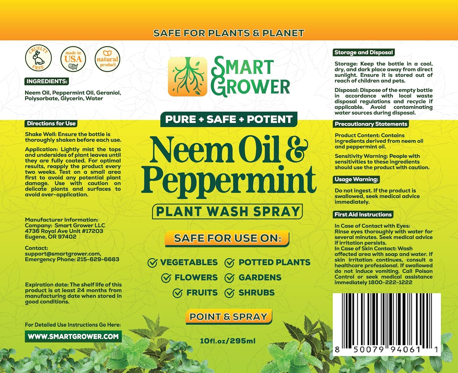 Neem Oil Spray for Plants with Peppermint Oil, Natural Plant Wash Made for Indoor and Outdoor Plants Smart Grower 10oz Easy Ready-to-Use Fine-Mist Refillable Premium Sprayer