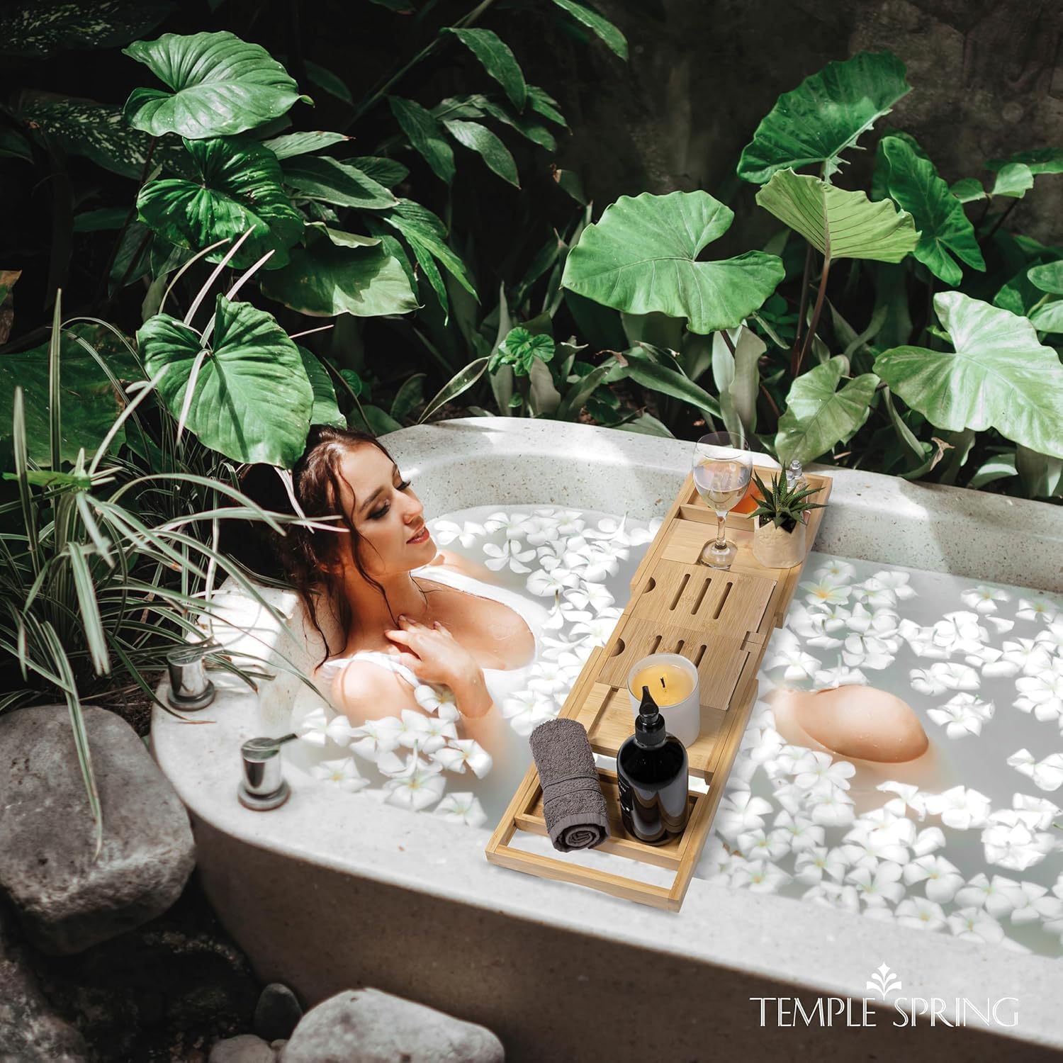 Temple Spring Foldable Bamboo Bathtub Tray Caddy for Tub — Expandable One-Piece Wood Bath Table with Wine Holder Book Stand and Non-Slip Pads — Space-Saving Bath Caddy — Housewarming