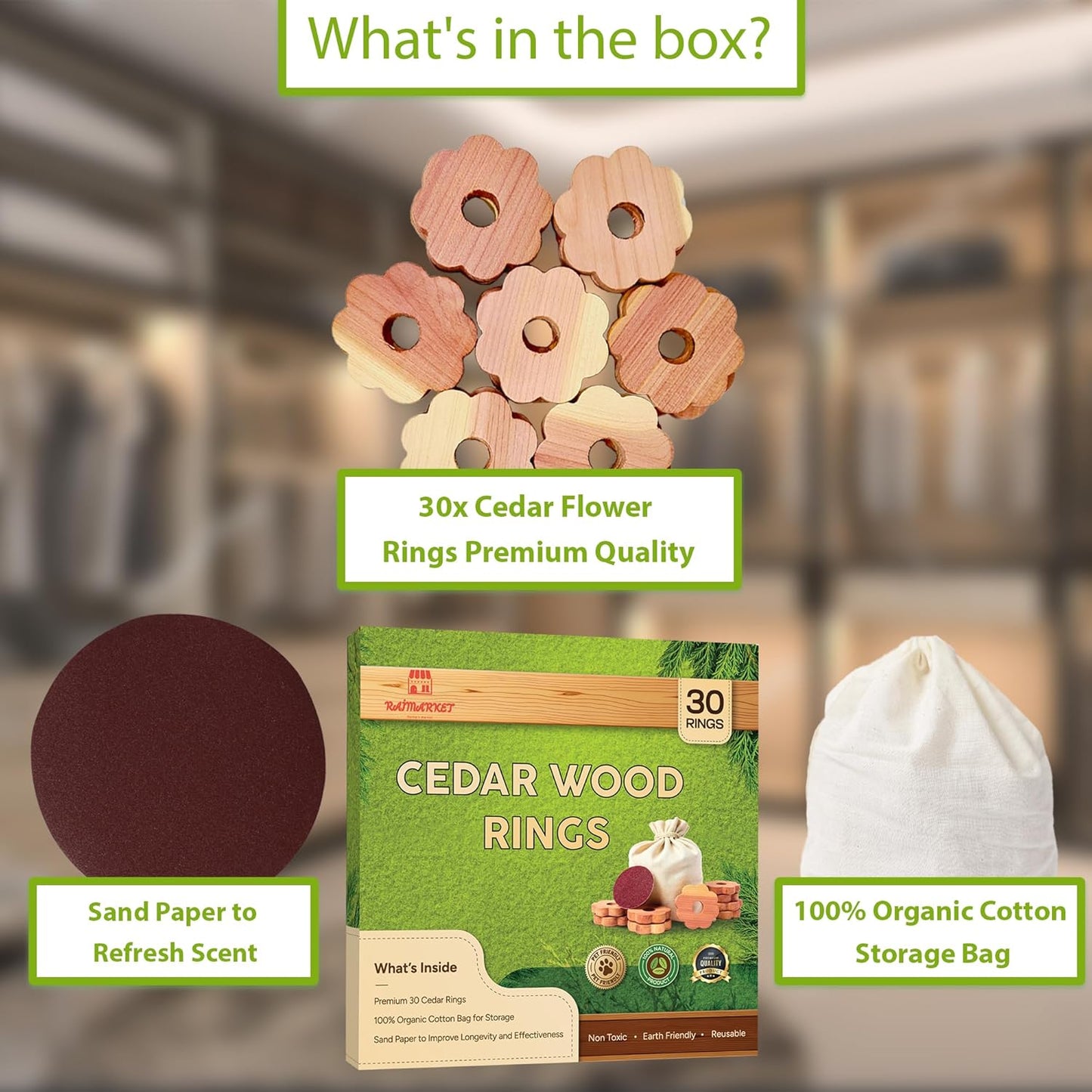 Cedar Blocks for Clothes Storage - Raimarket 30 Pack Cedar Rings - 100% Natural Aromatic Cedar Wood Chips for Closets, Wardrobe, Drawers & Shelves - Scented Wardrobe Freshener- Moisture Absorption