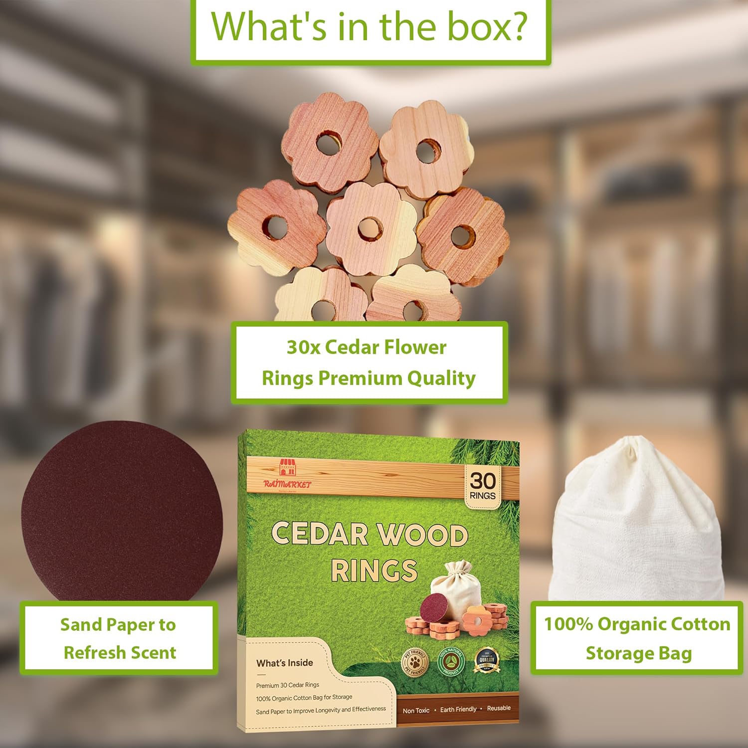 Cedar Blocks for Clothes Storage - Raimarket 30 Pack Cedar Rings - 100% Natural Aromatic Cedar Wood Chips for Closets, Wardrobe, Drawers & Shelves - Scented Wardrobe Freshener- Moisture Absorption