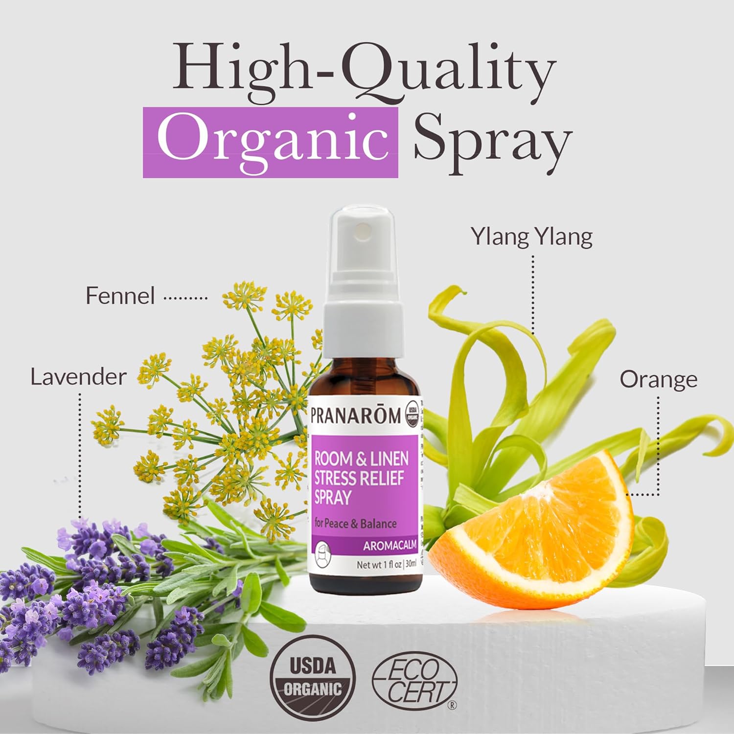 Pranarom - Aromacalm Room & Linen Stress Relief Spray (1oz / 30ml) - Orange, Bergamot, Lavender, Ylang Ylang - Essential Oil for Relaxation and Air Purification|USDA and ECOCERT Certified Organic