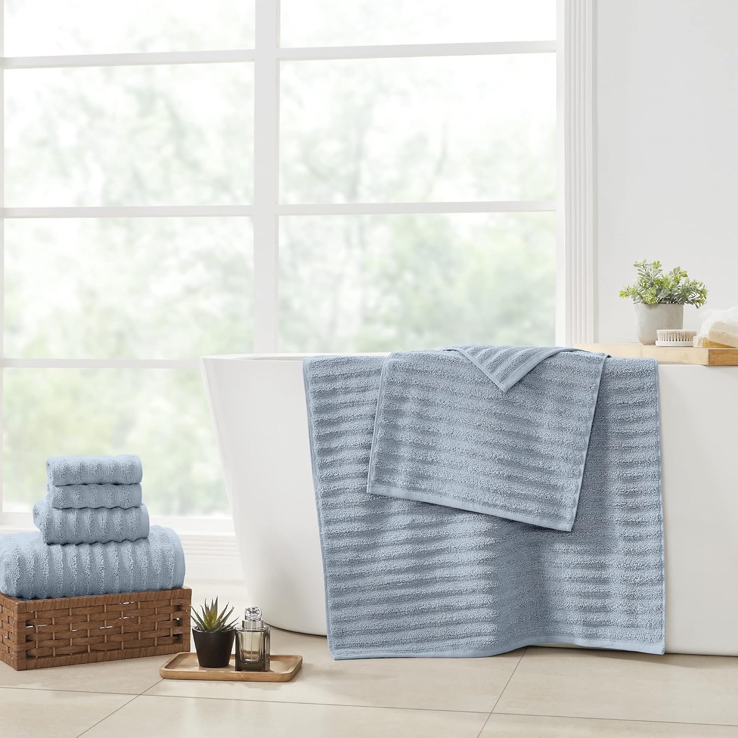 Luxury Spa Collection | 6-Piece Ultra Soft Quick-Dry 550GSM 100% Combed Cotton Wavy Towel Set by Amrapur Overseas [Spa Blue]