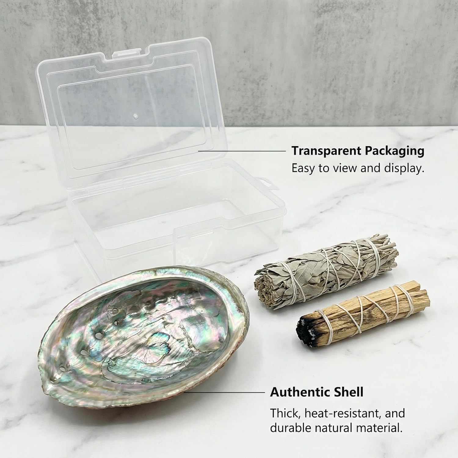 BRBASAP Large Abalone Shell Bowl with a Clear Box 4.7-5.12 Inch Natural Smudge Bowl for Sage Burning and Incense Sea Shell Smudging Bowl for Decor and Display