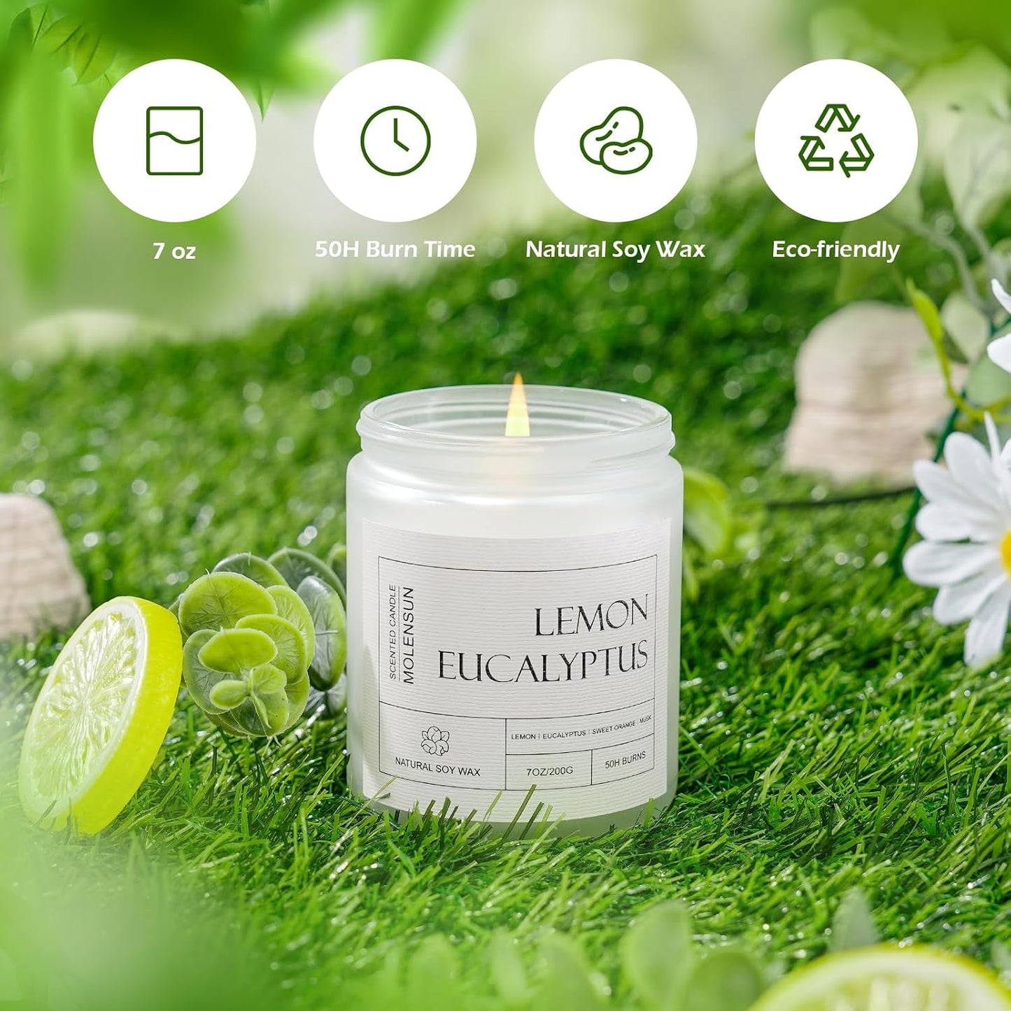Molensun Lemon Eucalyptus Scented Candles, Aromatherapy Jar Candle, 7 oz Long Lasting Candles, Soy Wax Candle Gift for Women
