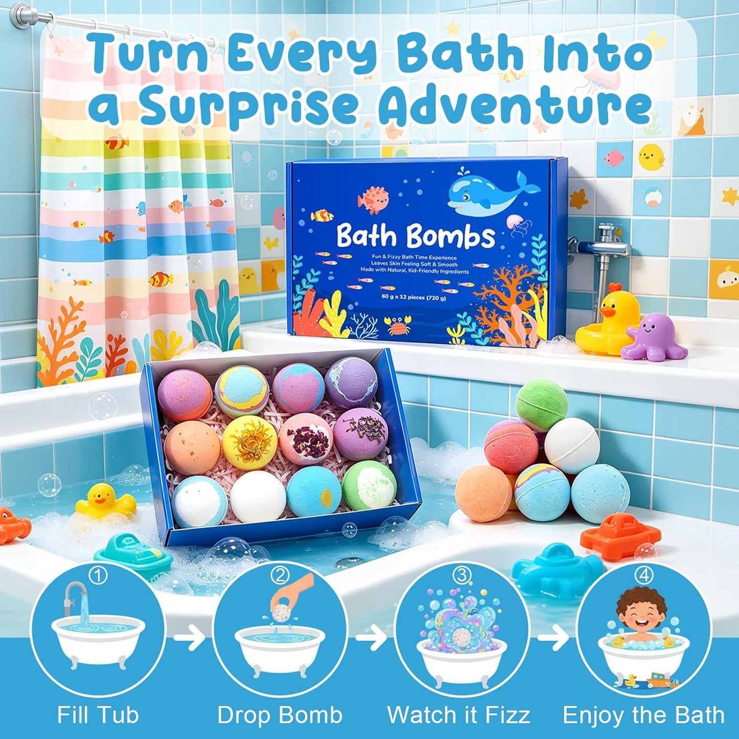 Kids Bath Bombs with Toys Inside, 12PCS Fizzy Bath Bombs for Kids, Fun Bath Time Experience, Natural Kid-Friendly Ingredients, Leaves Skin Soft & Smooth