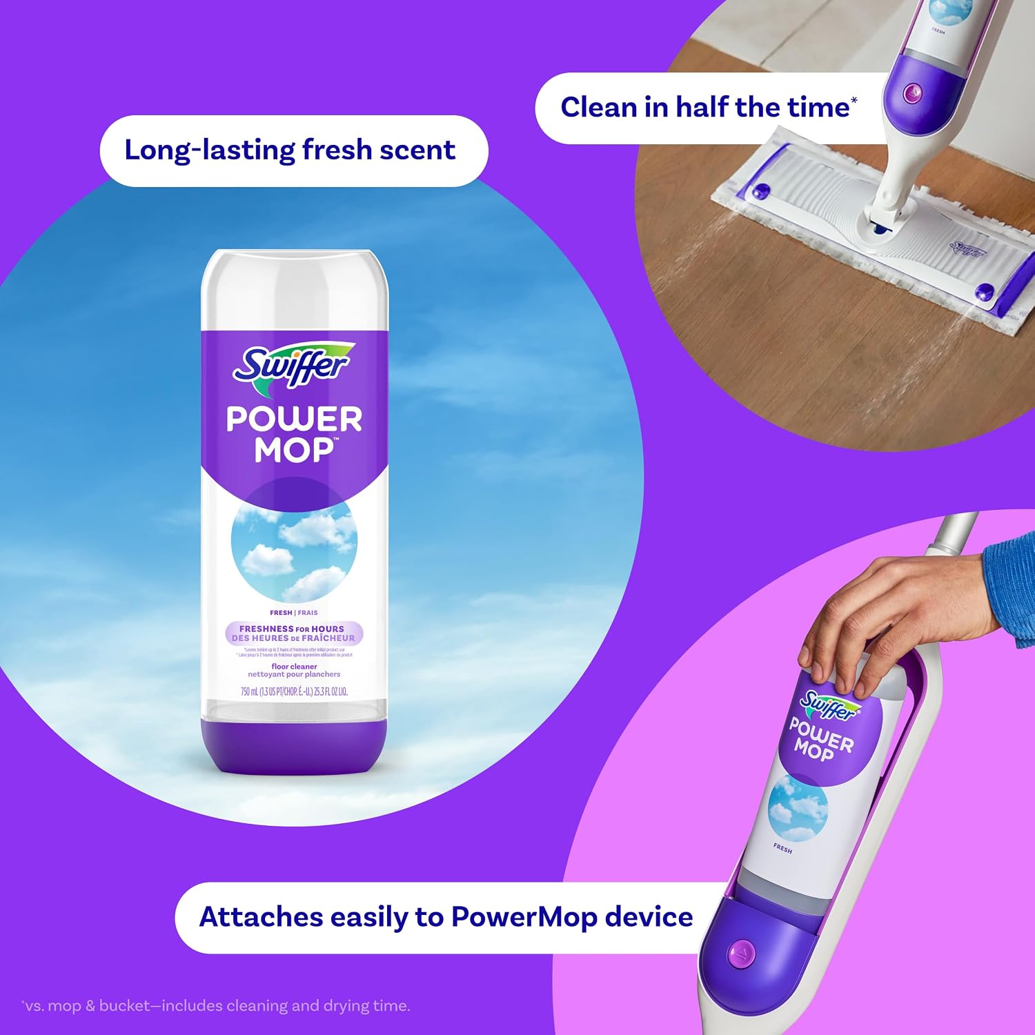 Swiffer PowerMop Liquid Floor Cleaner Refills, Solution for Power Mop, Fresh Scent, 2 Count Mopping Fluid Replacement Bottle, Spray Mops Cleaning Juice, No Bucket Needed, Multi-Surface and Wood