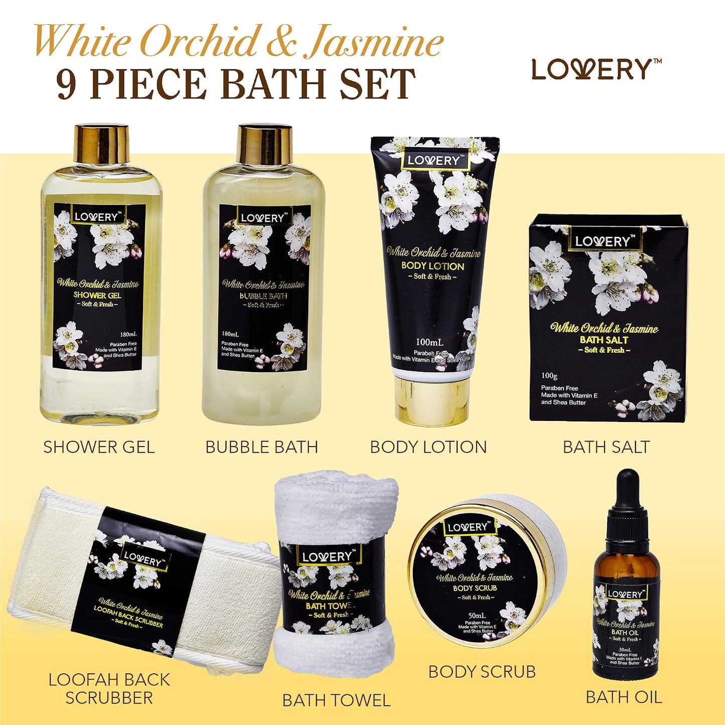 Bath and Body Gift Basket for Women – Orchid & Jasmine Home Spa Set with Body Scrubs, Lotions, Oils, Gels and More - Care Package for Women & Men - 9 Piece Womens Gifts Set