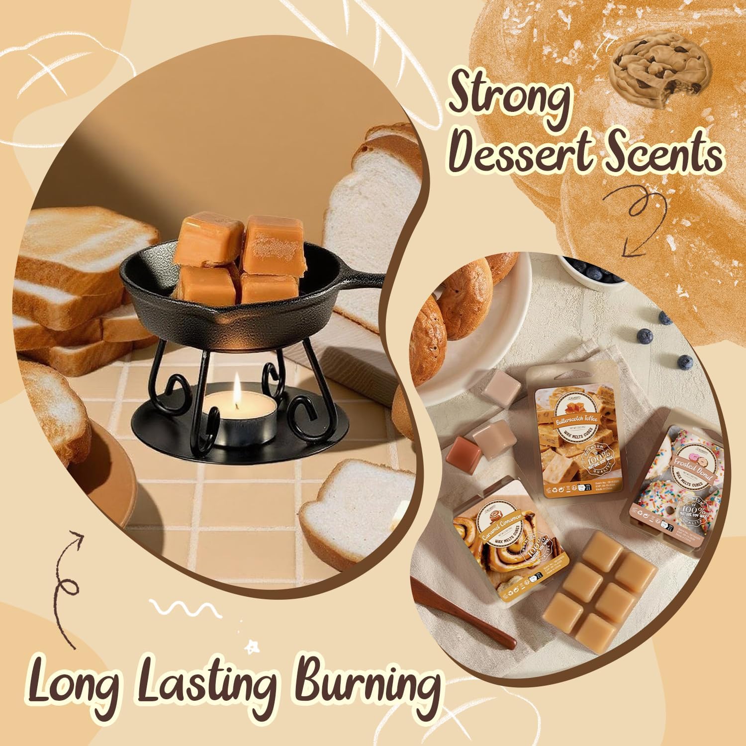 Bakery Scented Wax Melts, Sweet, Strong Scented Soy Wax Cubes/Tarts Variety Set - Apple Pie, Pumpkin Pie, Caramel Cinnamon, Chocolate Cookie, Donut, Vanilla Almond Biscuit, Roasted Coconut, Toffee