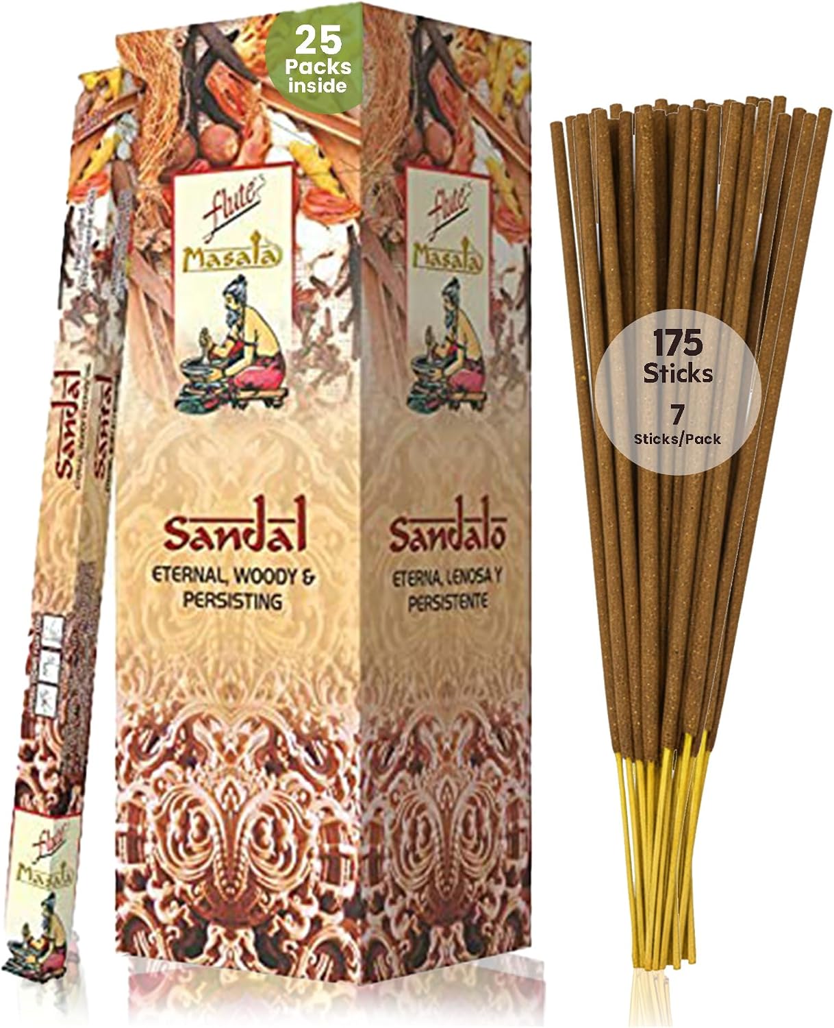 Flute Sandalwood Incense Sticks – Classic Woody Natural Masala Incense for Meditation, Yoga & Relaxation – 7 Sticks/Pack, 25 Packs/Box (9 Inch, 175 Sticks) | 45 Minutes Burn Time