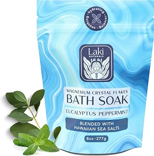 Laki Naturals Bath Soak - Magnesium Flakes with Hawaiian Sea Salt - Therapeutic Bath Salts for Relaxation (Eucalyptus Peppermint, 8 oz)