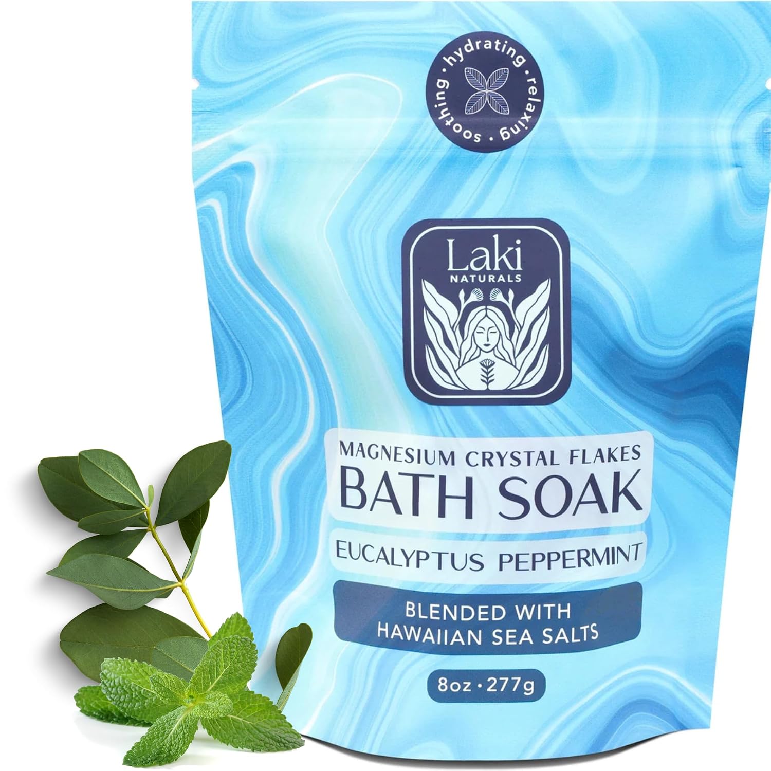Laki Naturals Bath Soak - Magnesium Flakes with Hawaiian Sea Salt - Therapeutic Bath Salts for Relaxation (Eucalyptus Peppermint, 8 oz)