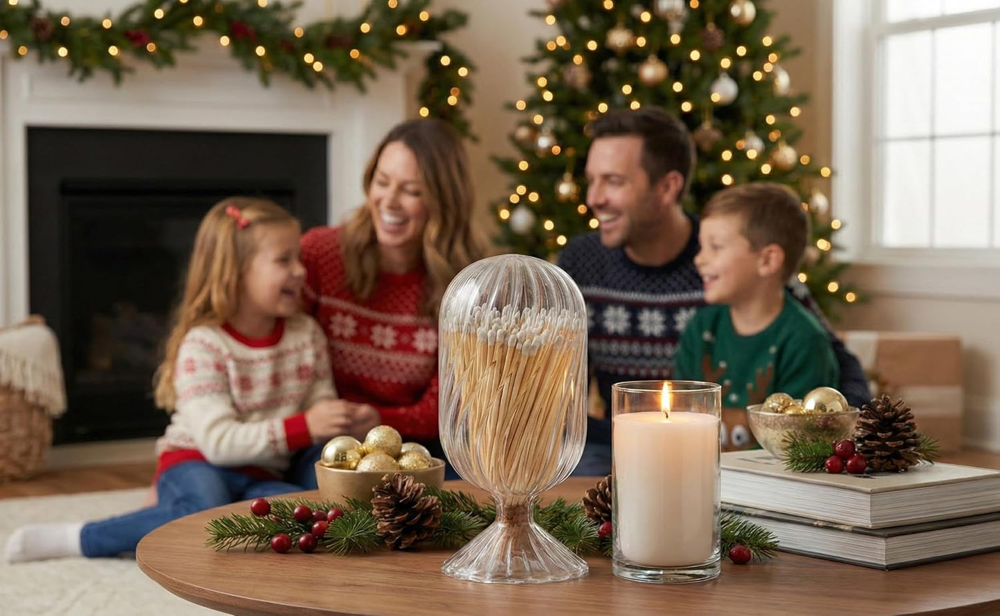 Premium Helix Glass Cloche - Matches In a Jar With Striker. Long Matches for Candles, Fireplace. Or Use Bottle for Bath Salts, Accessories. Includes Striker AND Safety Matches (White)