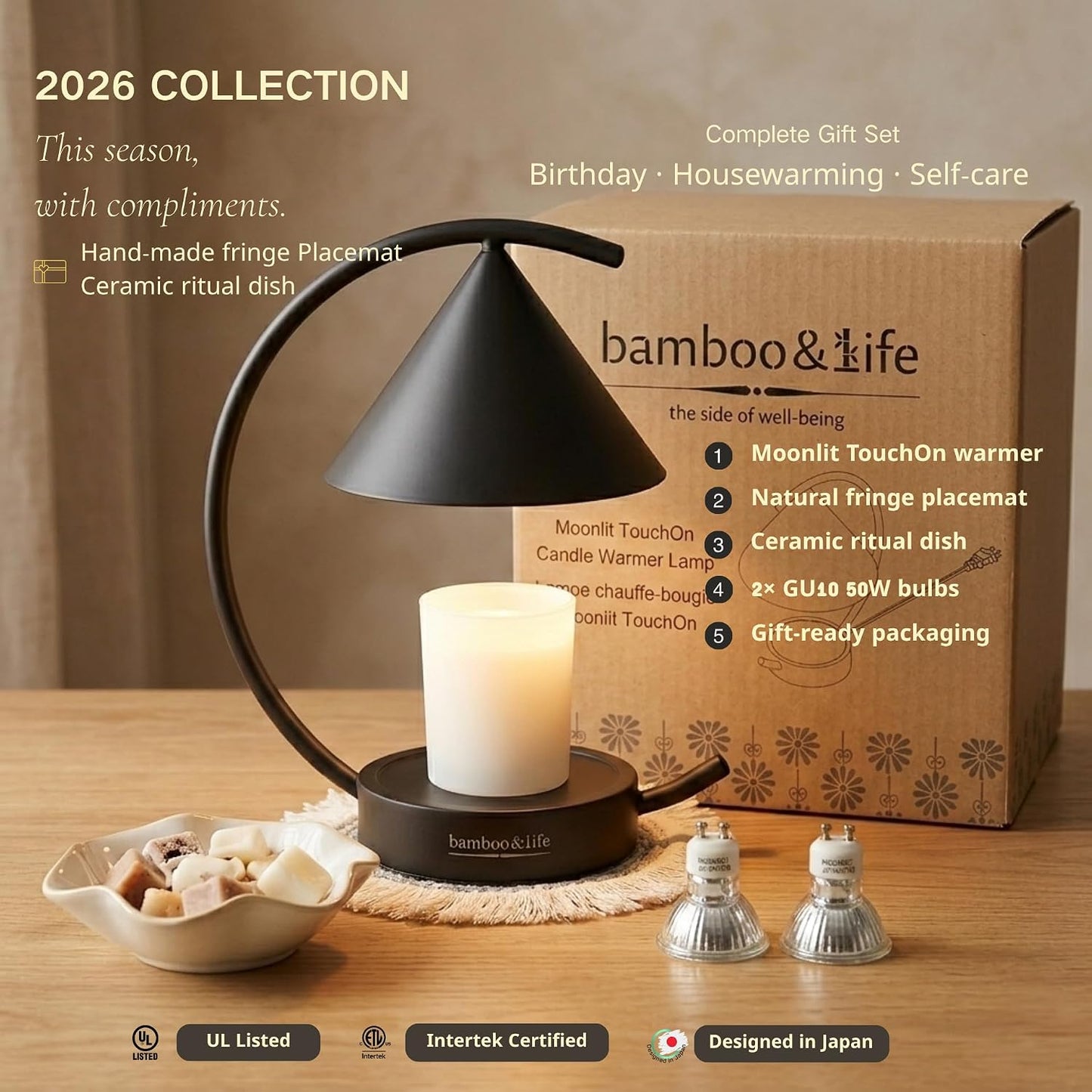 Moonlit TouchOn Candle Warmer,Eco-Luxury 5-Pc Gift Set incl. Fringe Mat&Wax Dish,Authentic Japan Design,Touch Dimmer,Real Bamboo Base,UL&ETL Certified,US Brand,Birthday&Housewarming Gift