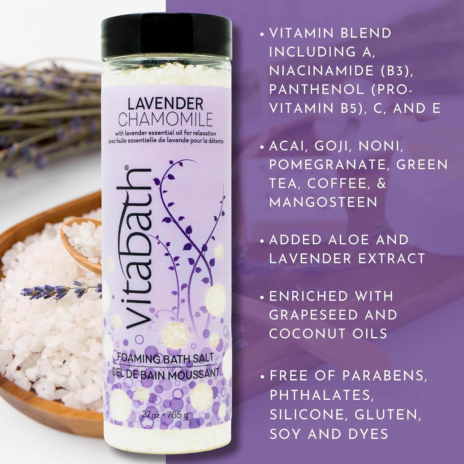 Vitabath Lavender Chamomile Foaming Bath Salts Relaxing Bubble Aromatherapy - Muscle & Body Ache Soothing Foamy Soak & Nourishing Skincare for Women & Men – 27 oz
