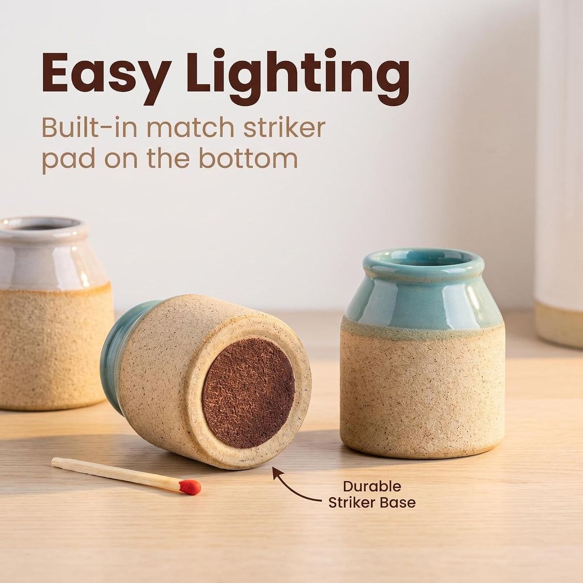 2 Pack Ceramic Match Holder with Striker Base Small Toothpick Qtip Jar Set
