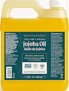 SOULSATION 100% Pure Jojoba Oil Bulk Size (32oz) for Face, Hair & Nails - Non-GMO, Cold-Pressed Moisturizing Premium Carrier Oil, Unrefined For Aging, Wrinkled, & Dry Skin, Frizzy, Damaged Hair
