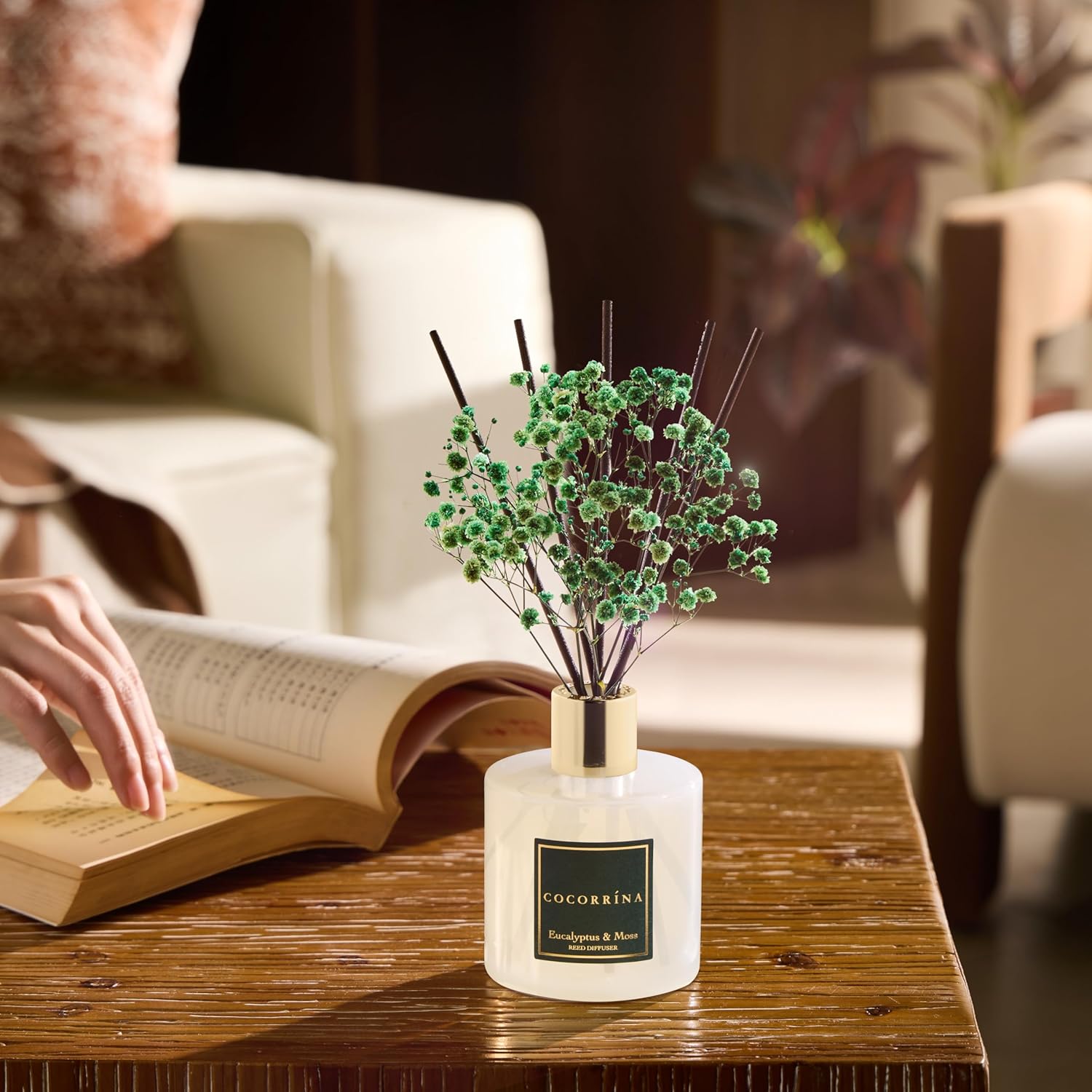 Cocorrína Reed Diffuser Sets- Eucalyptus & Moss Scented Diffuser with Sticks Home Fragrance Reed Diffuser for Bathroom Shelf Decor