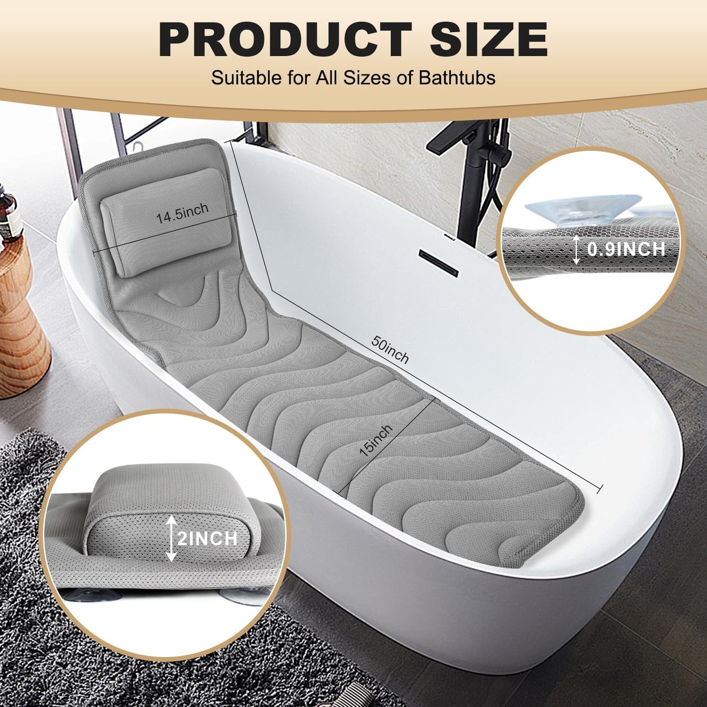 Full Body Bath Pillow for Bathtub, Non-Slip Bath Pillows for Tub, Spa Bathtub Pillow Cushion for Headrest Neck Shoulder and Back Rest Support，Relaxation Spa Accessories-50 x 15" (Grey)