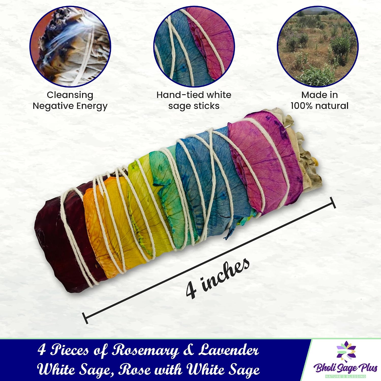 Bholi Sage Plus Sage Smudge kit Rosemary Lavender White Sage Rose with White Sage Sustainably Sourced from California Dried Sage Sticks for Home Cleansing, Blessing