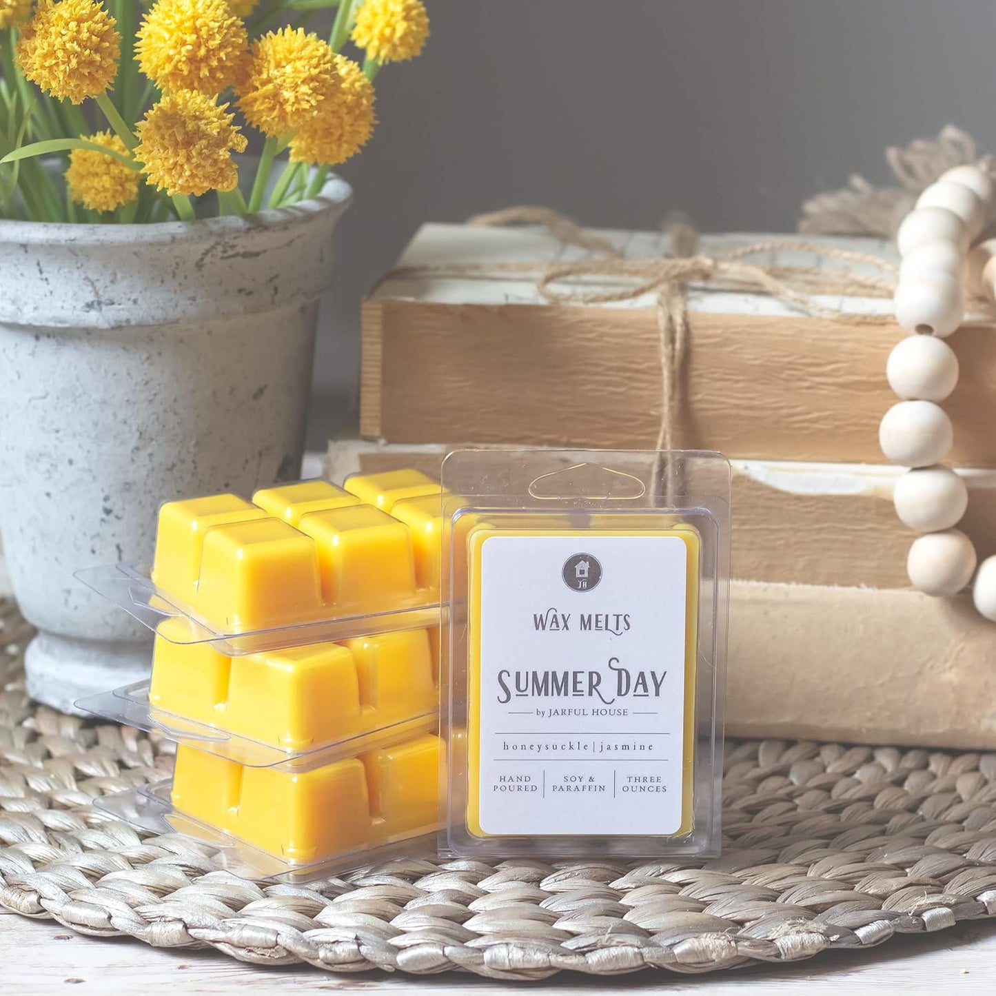Summer Day Coconut Wax Melts – Honeysuckle Jasmine & Lemon Blend, 3 oz Clamshell with 6 Cubes, Long Lasting Floral Citrus Scent