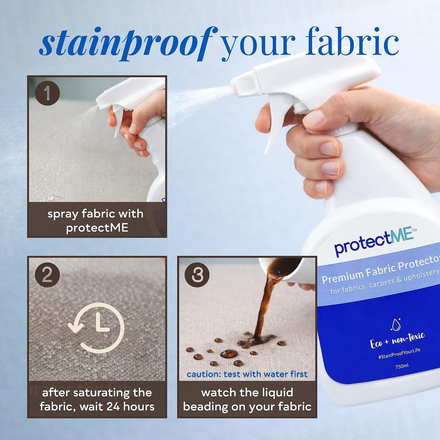 protectME Fabric Protector and Stain Resistant Spray - Upholstery Fabric Spray for Stain Guard for Carpet, Shoes, Couch, Sofa - Non Toxic Water Based Furniture Protector - 25.4 Fl. Oz.