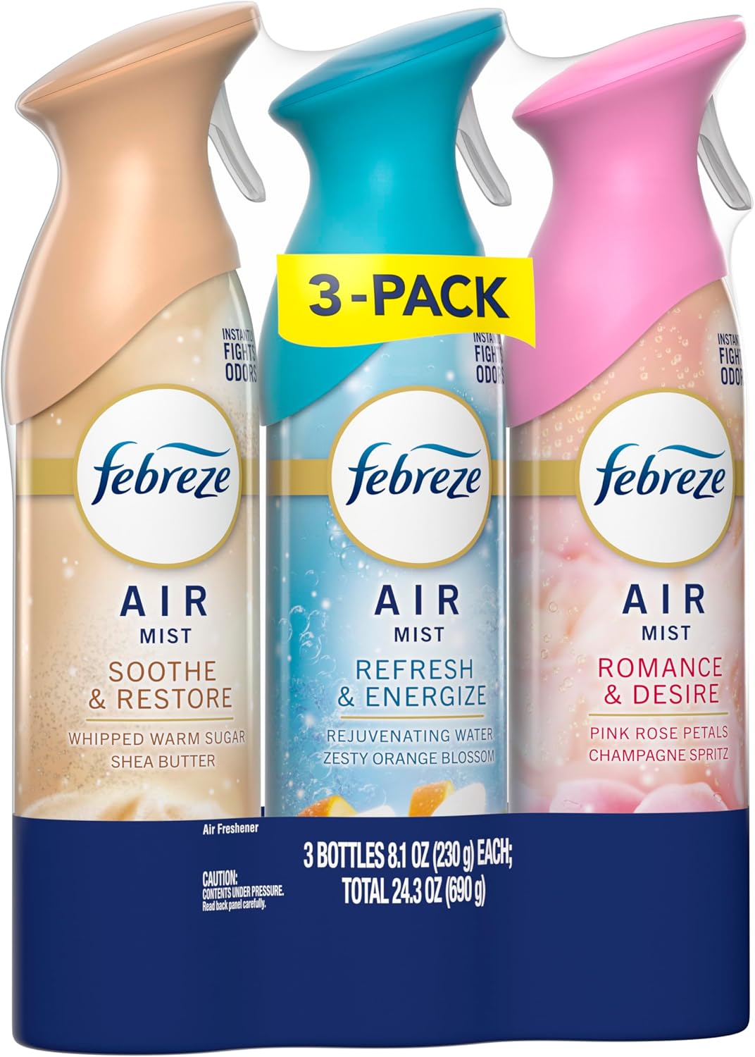Febreze Air Mist, Air Freshener, Odor Fighting Room Spray, Deodorizer for Home Bathroom Kitchen Office Apartment, Soothe & Restore, Refresh & Energize, Romance & Desire Variety Pack, 8.1oz (Pack of 3)