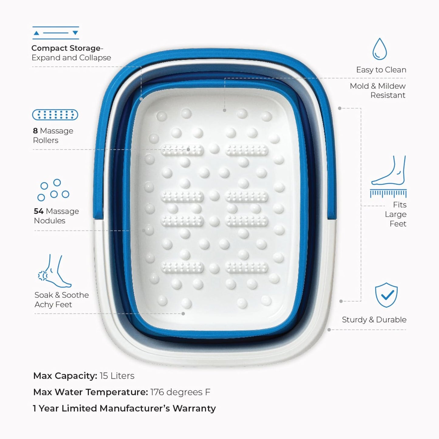 Mantello Collapsible Foot Bath Foot Soaking Tub | Portable Foot Spa Pedicure Bowl | Large Basin to Soak & Wash Feet | Folding Bucket with Carry Handle | White & Grey, Blue, Green [Blue]
