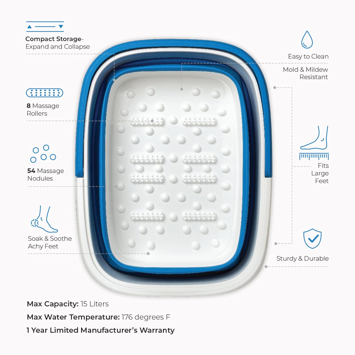Mantello Collapsible Foot Bath Foot Soaking Tub | Portable Foot Spa Pedicure Bowl | Large Basin to Soak & Wash Feet | Folding Bucket with Carry Handle | White & Grey, Blue, Green [Blue]