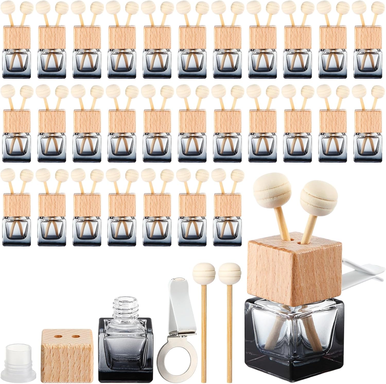 Zubebe 30 Pcs Car Diffuser Bottles Empty Bulk Vent Clip Car Air Freshener Diffuser for Essential Oil Perfume Glass Bottle with Wooden Caps Stick Fragrance Ornament (Gradient Black)
