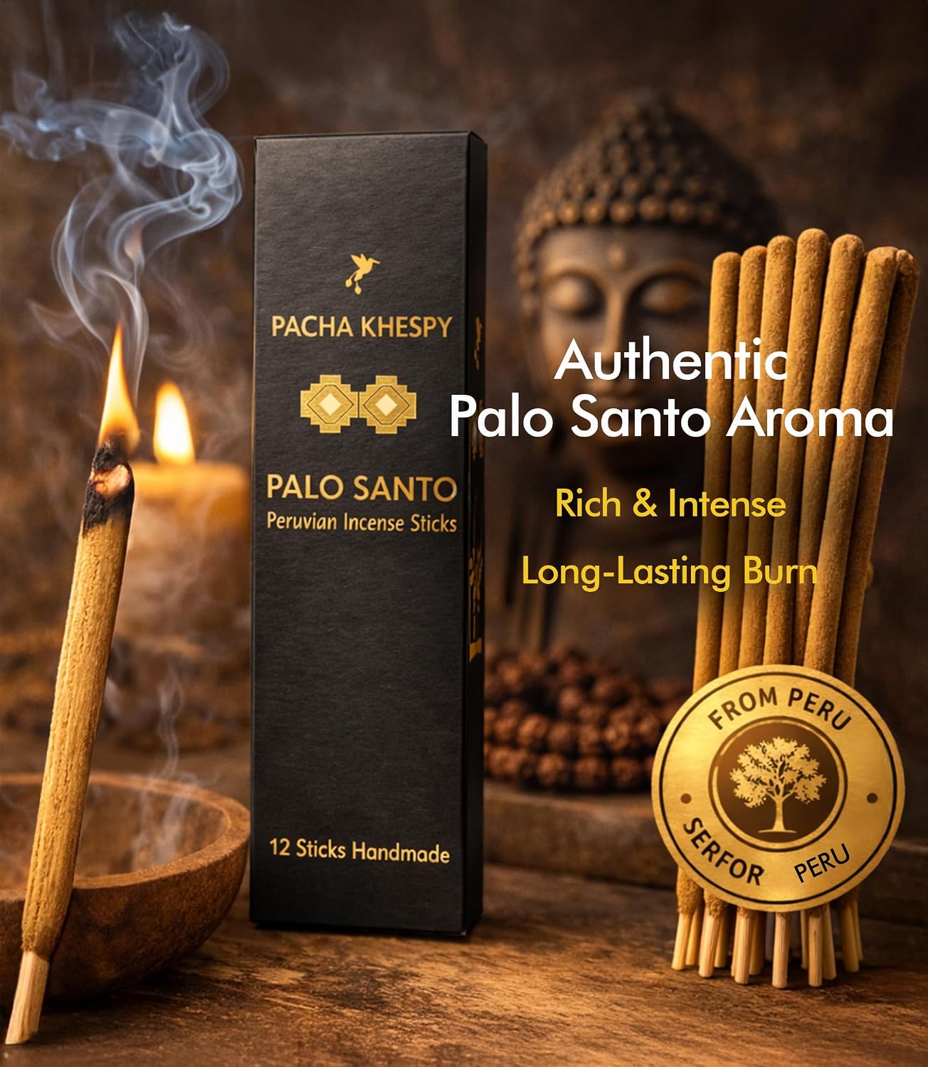 Palo Santo Incense Sticks from Peru 12 Pack Long Lasting Burn Handmade Natural Authentic Holy Wood for Aromatherapy Meditation Energy Cleansing Stress Relief Yoga & Home Fragrance