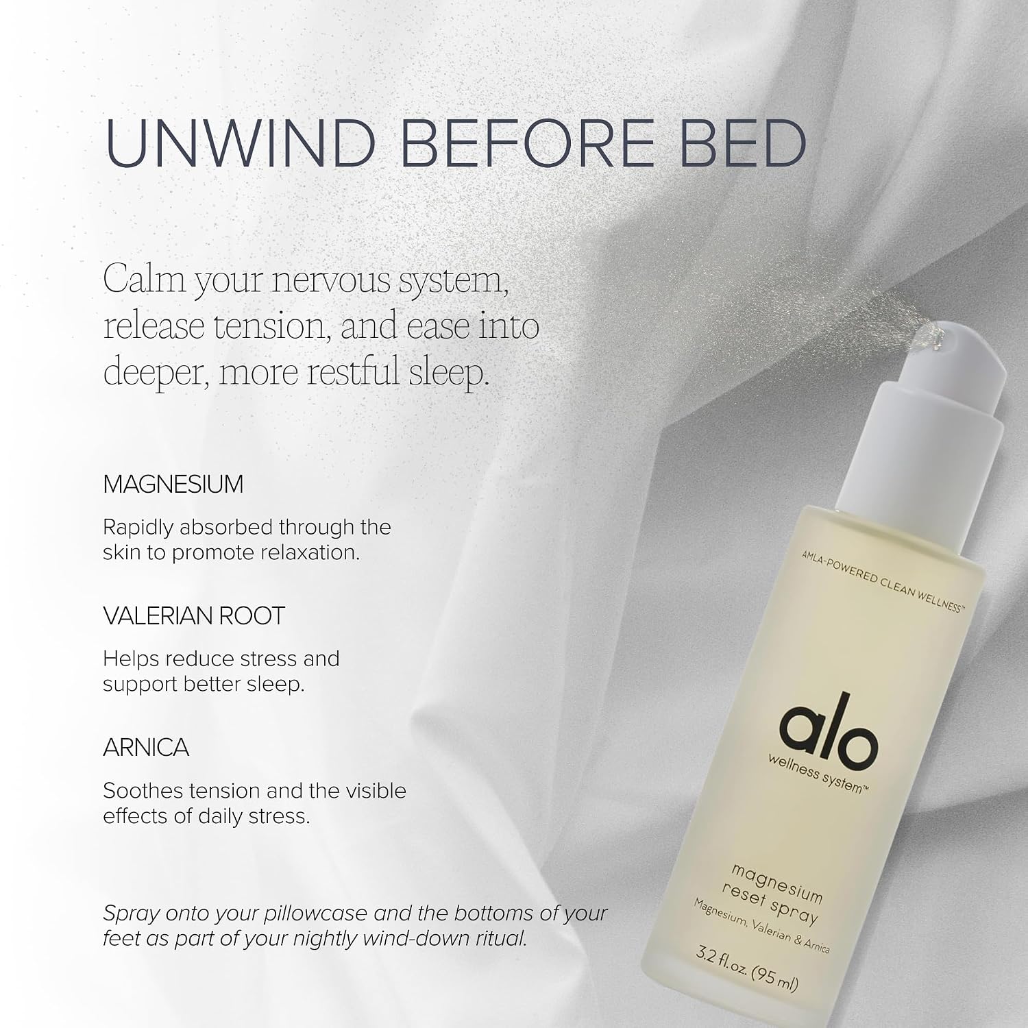 ALO Magnesium Oil Spray | Sleep & Relaxation + Muscle Recovery | Fast-Absorbing Magnesium with Valerian Root, Arnica & Essential Oils | Non-Sticky Body & Pillow Mist | 3.2 oz