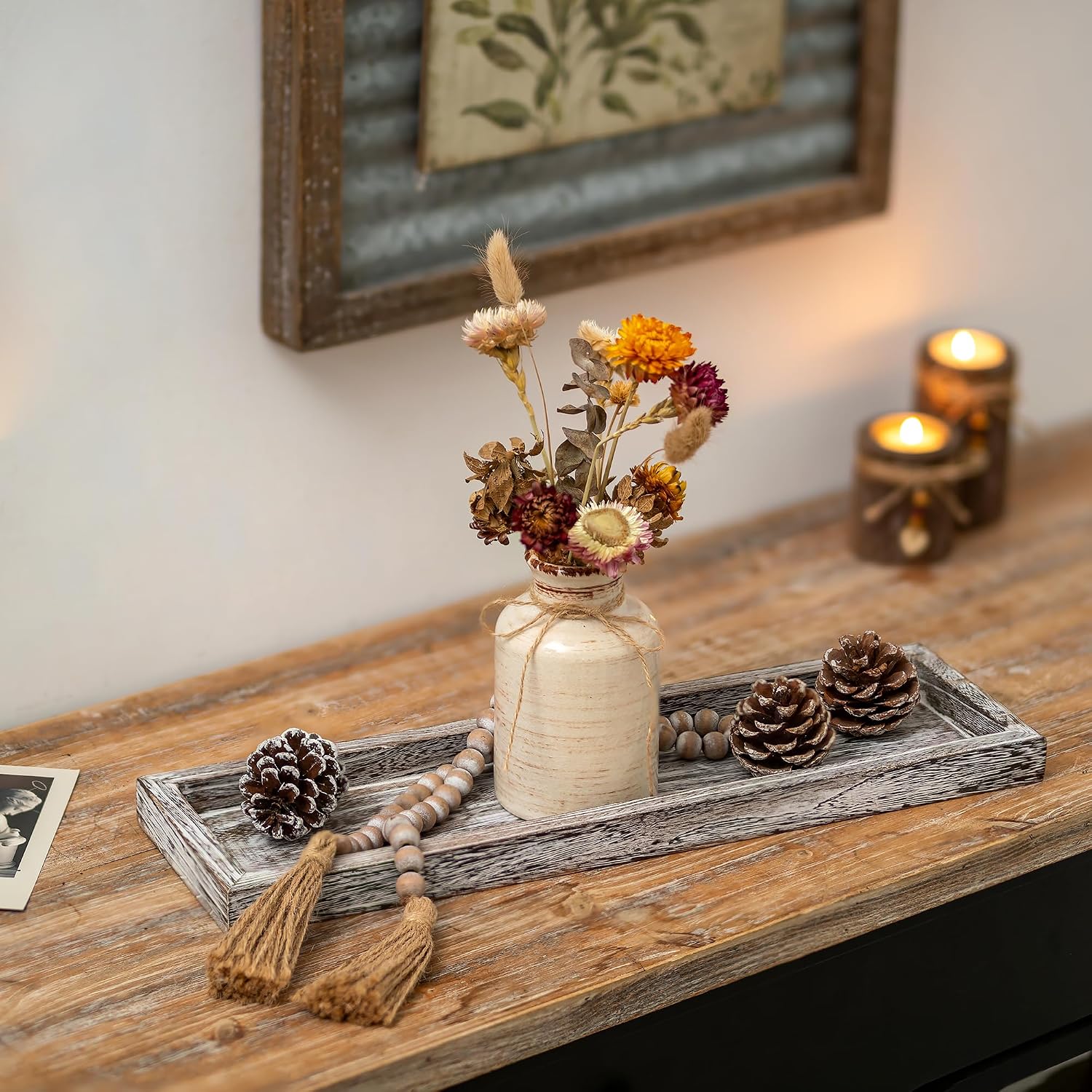 Romadedi Rustic Decorative Wood Candle Tray - 15" Wooden Long Narrow Tray Candle Holder, Farmhouse Small Trays for Coffee Table Centerpieces Dining Room Kitchen Countertop Home Decor, Whitewashed