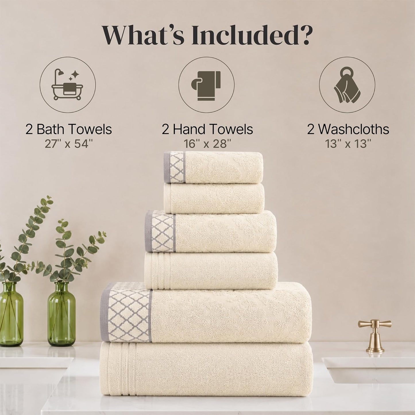 Modern Threads 6 Piece Cotton Bath Towel Set – Ultra Soft 550 GSM Towels – Bathroom Set with Hand Towels and Washcloths – Diamond Border (Ivory Cream)