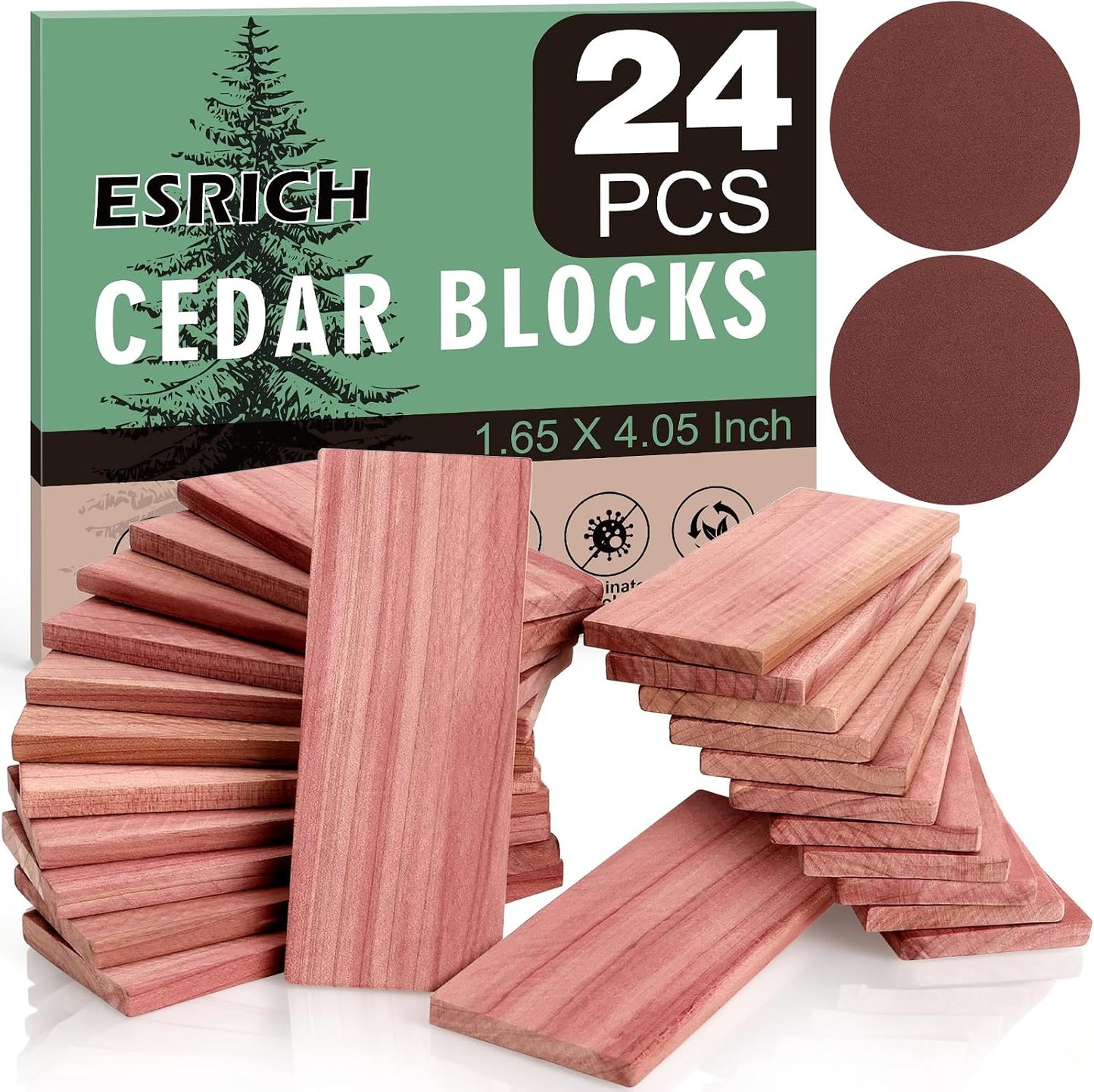 ESRICH Cedar Blocks for Clothes Storage, 24 Pack 100% Natura Cedars Wood for Closets,Cedars Planks with Sandpaper,Cedar Chips for Closets and Drawers