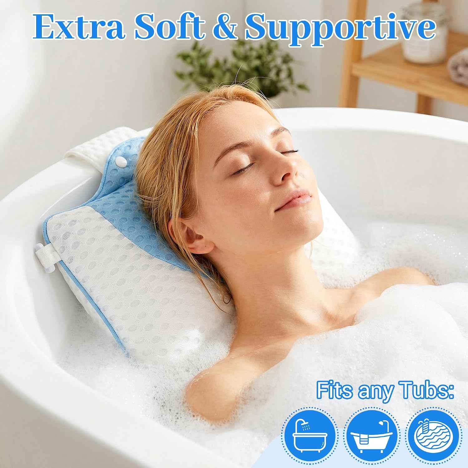 3D Mesh Hot Tub Pillow Headrest Cushion, Adjustable Height with Long Strap & Hook, Quick-Dry Ergonomic Neck Support Pillow, Universal Fit for Spa Bathtub, Chaise Lounge (2-Pack(White&Blue)