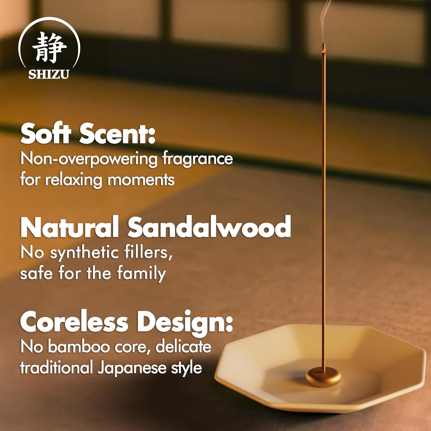 Shizu Sandalwood Incense Sticks – Artisanal Temple Grade Japanese Incense with Brass Holder – Subtle, Calming Scent for Relaxation, Meditation & Home Spa, Elegant Gift Set (60 Sticks)