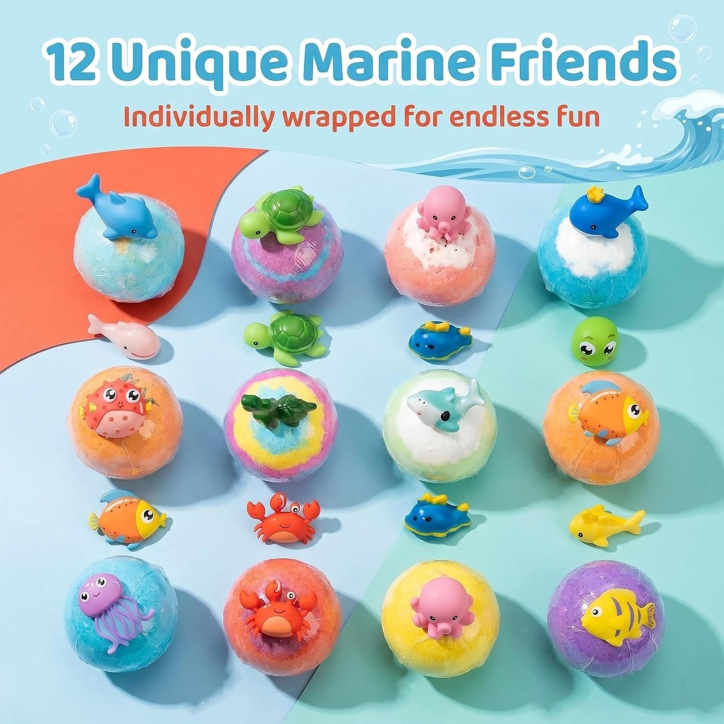 Ocean-Themed Bath Bombs for Kids with Surprise Toys Inside, Natural Essential Oil Bath Fizzies Organic Shea Butter & Sea Salt - Birthday Gifts for Boys & Girls (12pcs)