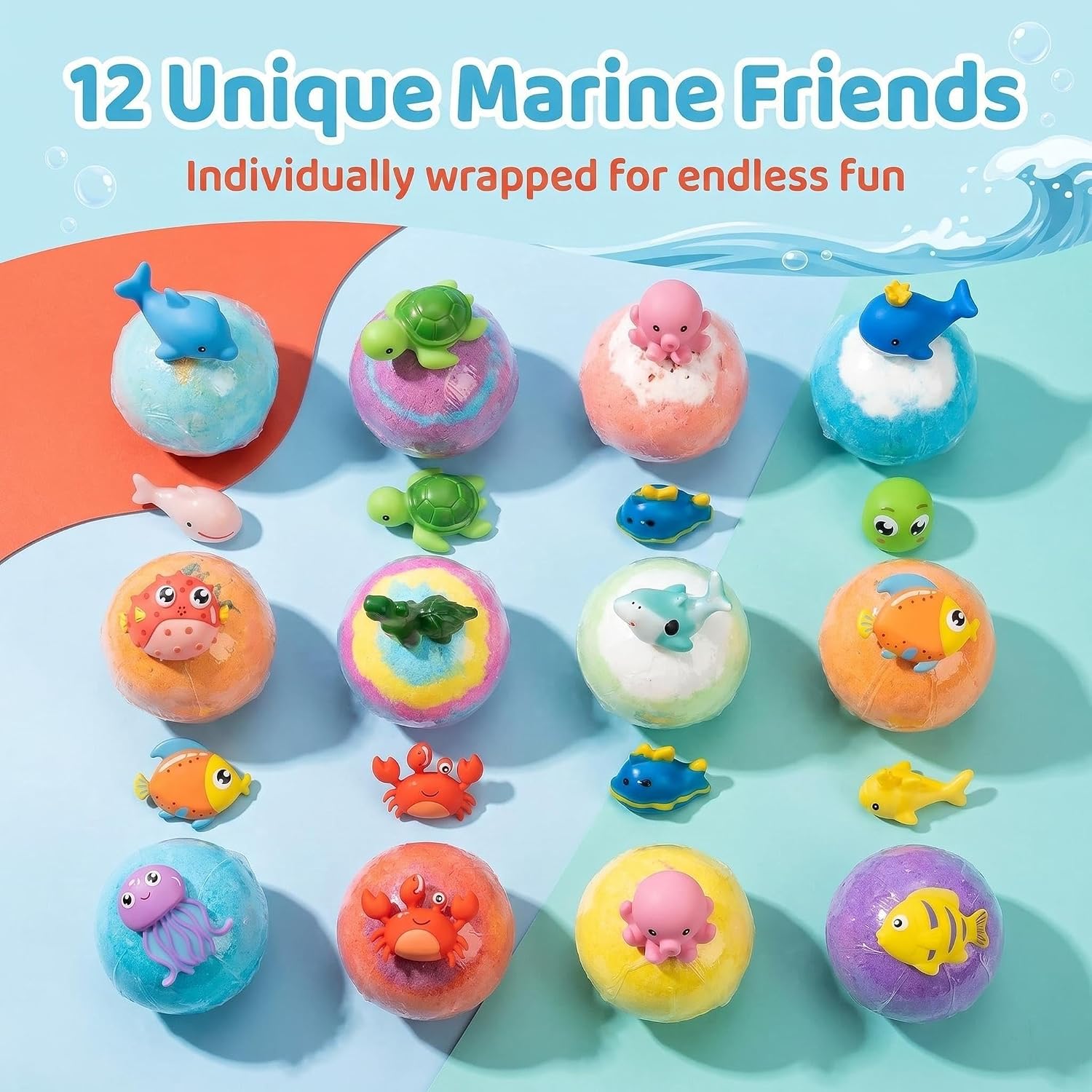 Ocean-Themed Bath Bombs for Kids with Surprise Toys Inside, Natural Essential Oil Bath Fizzies Organic Shea Butter & Sea Salt - Birthday Gifts for Boys & Girls (12pcs)